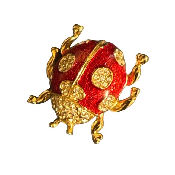 Vintage Ladybug Brooch Pin With Red & Gold Enamel Detailing And Rhinestone Accen - Picture 3 of 4